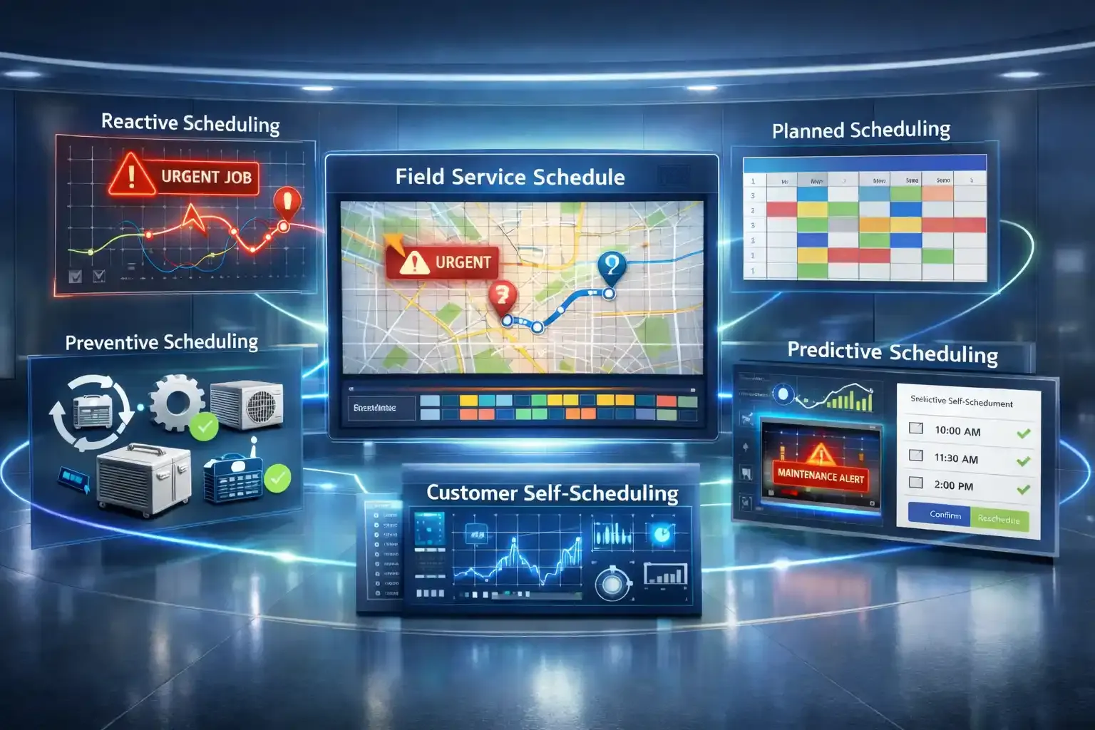 Dashboard visualizing five field service scheduling models and workflows